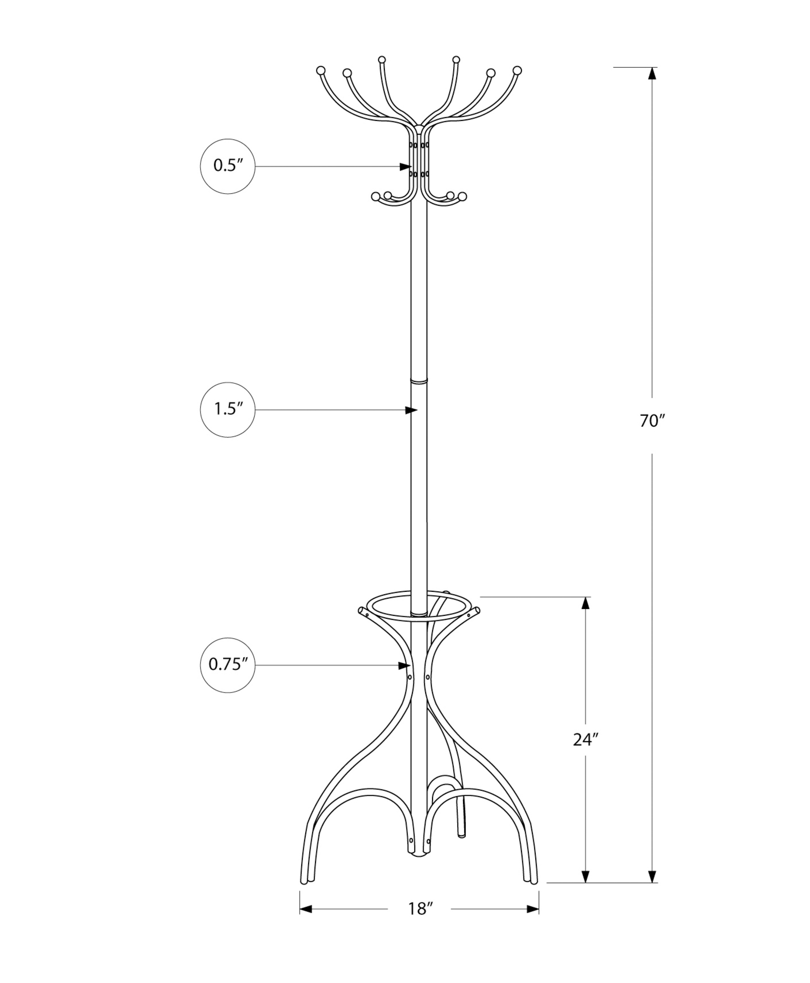 COAT RACK - 70"H / SILVER METAL WITH AN UMBRELLA HOLDER
